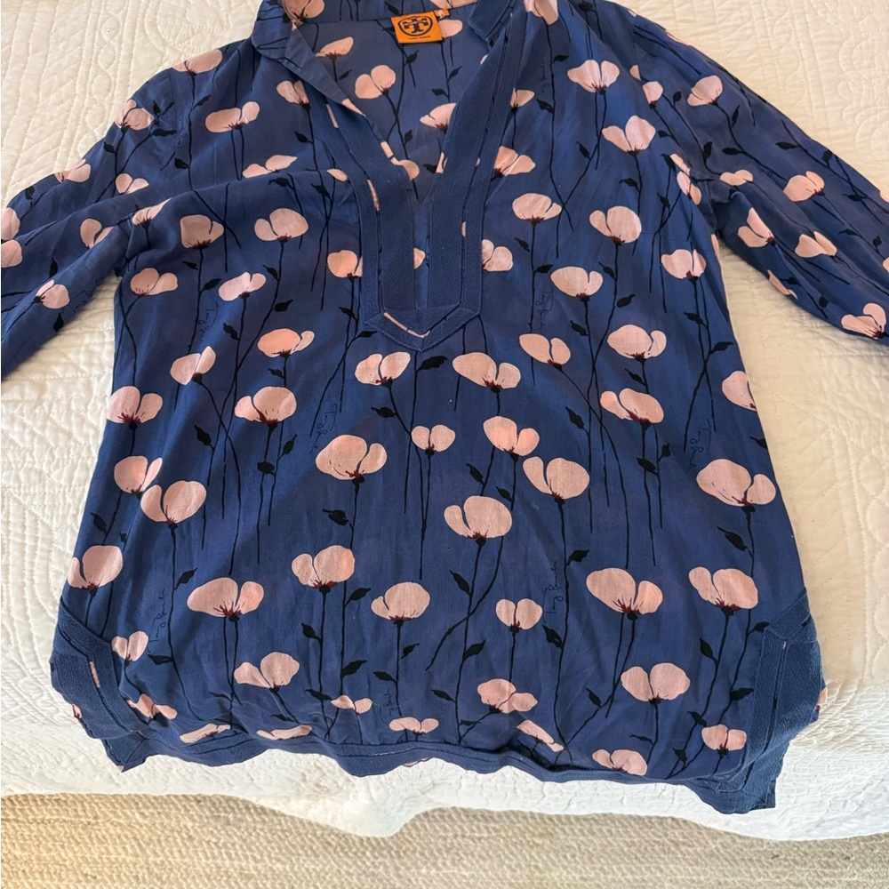 Tory Burch Navy Tunic with Pink Floral Print
